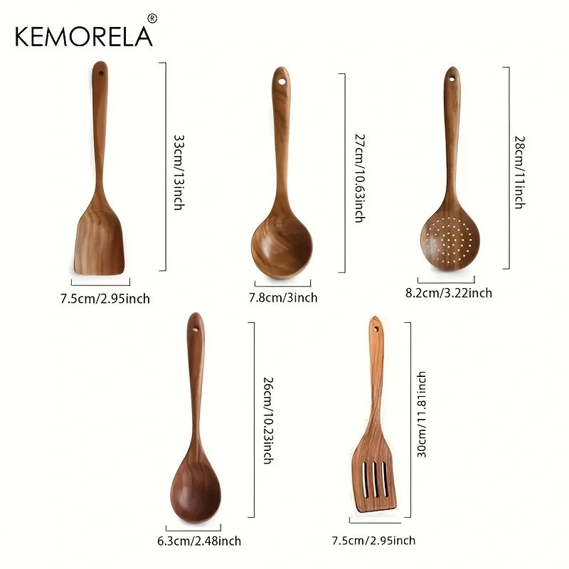 5-Piece Teak Wood Cooking Utensil Set – Spoon, Ladle & Turner