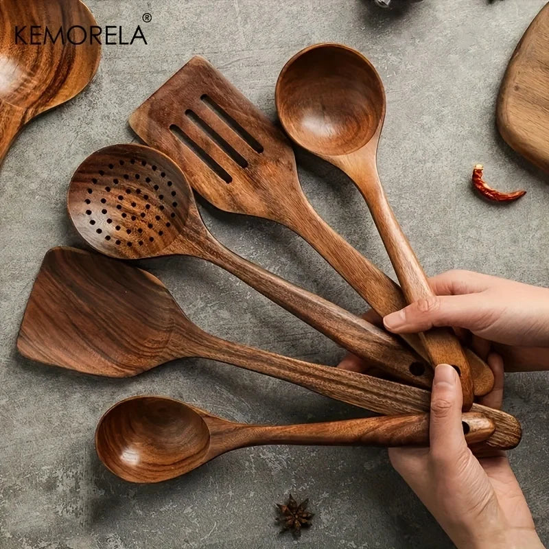 5-Piece Teak Wood Cooking Utensil Set – Spoon, Ladle & Turner