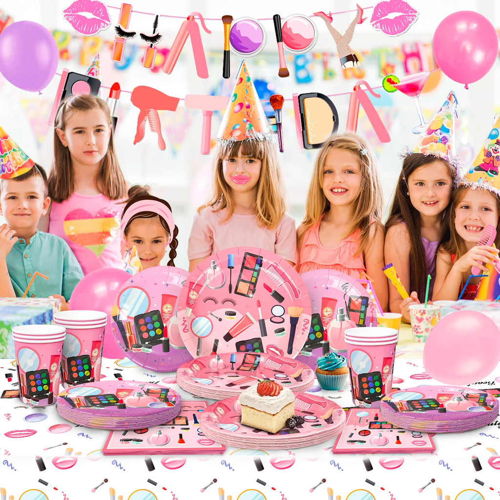 Make-up Birthday Party Supplies,103pcs Spa Party Decorations-Makeup Plates Banner Balloon etc Makeup Birthday Party Decorations