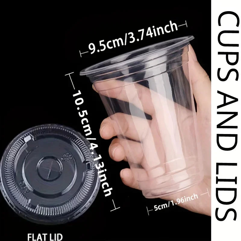 50pcs/Set 12/16OZ Plastic Cups With Lids Disposable Cups For Iced Coffee Smoothie Milkshake Cold Drinks Birthday Party Supplies