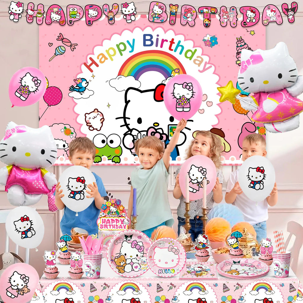 124 Pcs Sanrio Hello Kitty Party Decorations&Tableware-Kitty Plates Backdrop Balloon Banner etc Hello Kitty Birthday Decorations