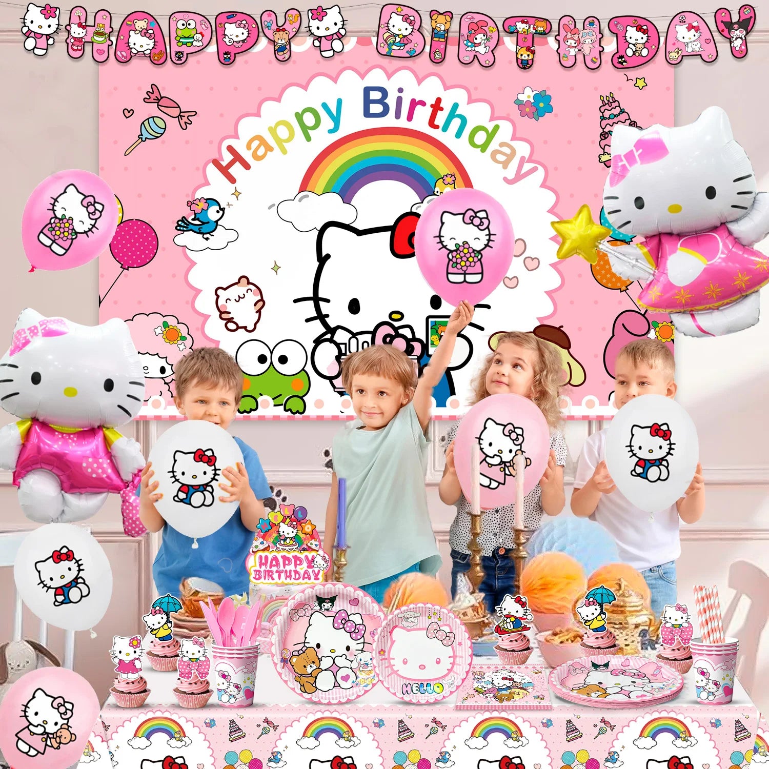 124 Pcs Sanrio Hello Kitty Party Decorations&Tableware-Kitty Plates Backdrop Balloon Banner etc Hello Kitty Birthday Decorations