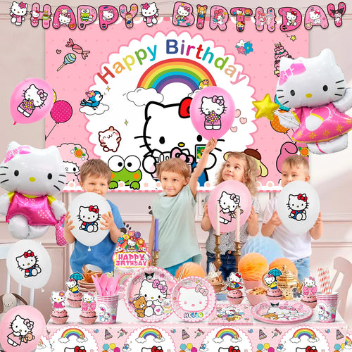124 Pcs Sanrio Hello Kitty Party Decorations&Tableware-Kitty Plates Backdrop Balloon Banner etc Hello Kitty Birthday Decorations