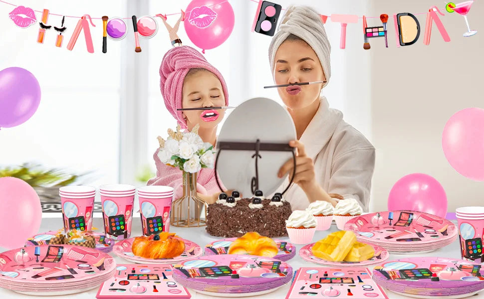 Make-up Birthday Party Supplies,103pcs Spa Party Decorations-Makeup Plates Banner Balloon etc Makeup Birthday Party Decorations