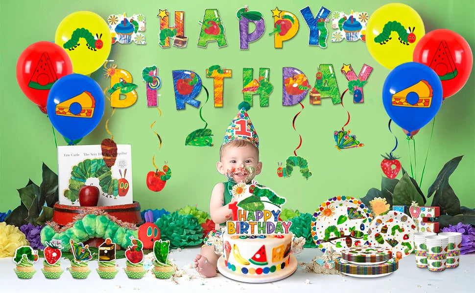 The Very Hungry Caterpillar Party Supplies,73pcs Hungry Caterpillar Birthday Decorations & Tableware Set-Plates Tablecloth etc
