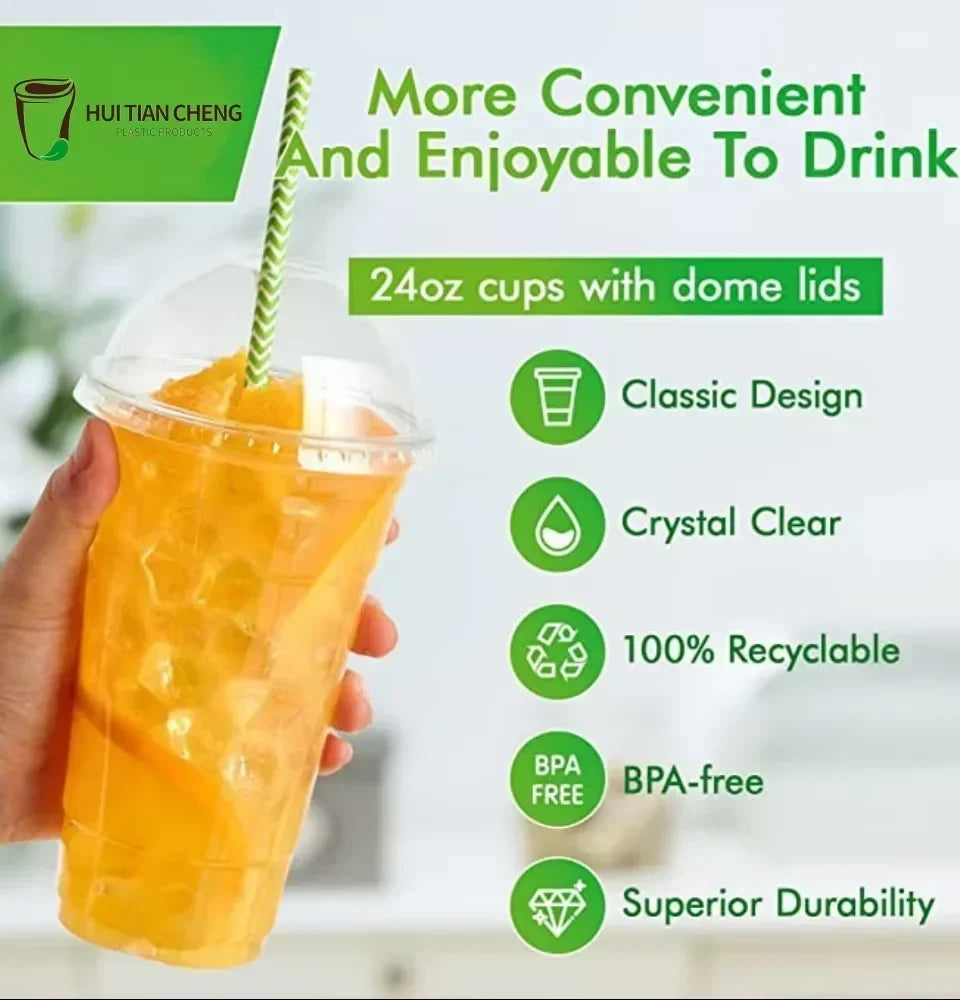 High Quality Disposable Plastic Party Cups with Lids PET Clear Cup Plastic for Iced Cold Drink Coffee Milk Tea Juice Smoothie
