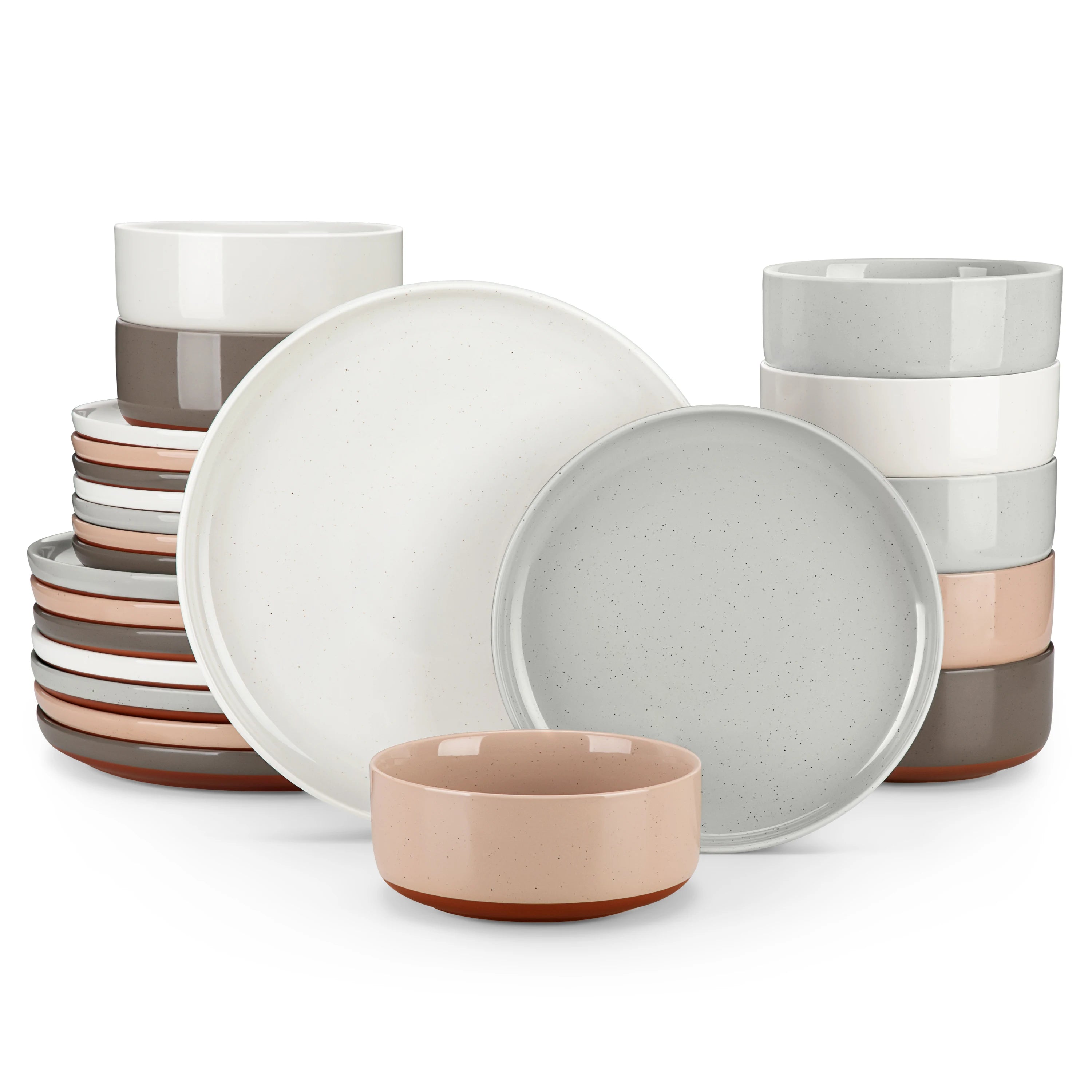 MALACASA TARA 12/24-teiliges Geschirrset, gebogener Rand, Sesamglasur, Steingut-Tellerset mit 4/6 Speisetellern/Desserttellern/Schalen