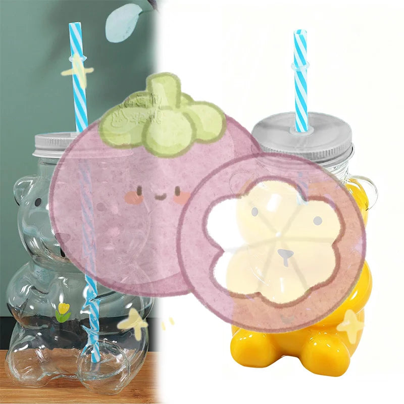 Plastic Bear Cup, Adorable Honeybear Mugs with Straws, Lidded Cups for Drinks