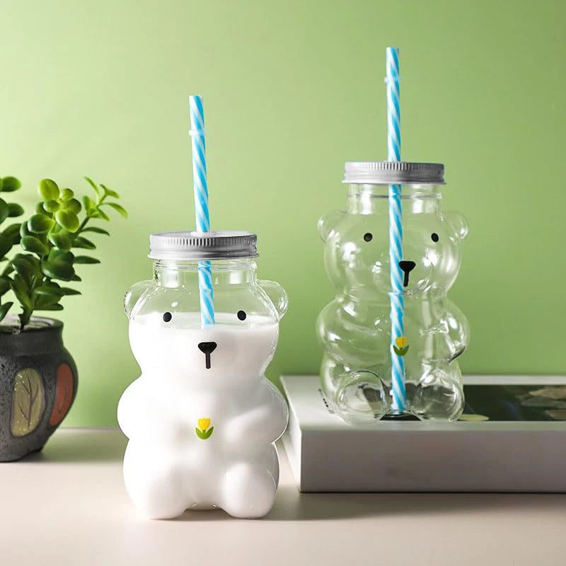 Plastic Bear Cup, Adorable Honeybear Mugs with Straws, Lidded Cups for Drinks