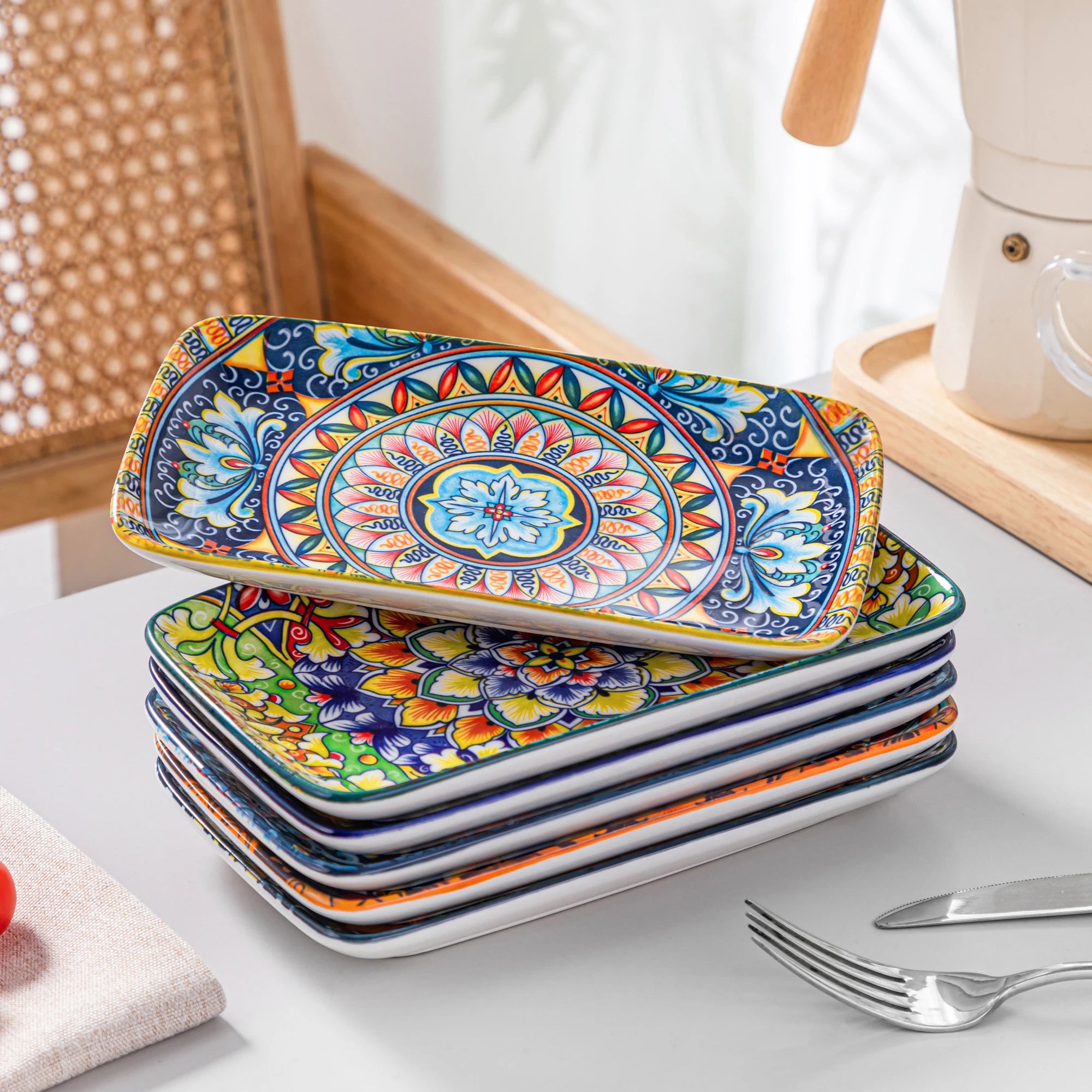 vancasso 6/12 Piece Porcelain Rectangular Serving Plates Bohemian 8.5inch Dinner Plates Set for Beef/Food/Noodles/Pasta 6 People