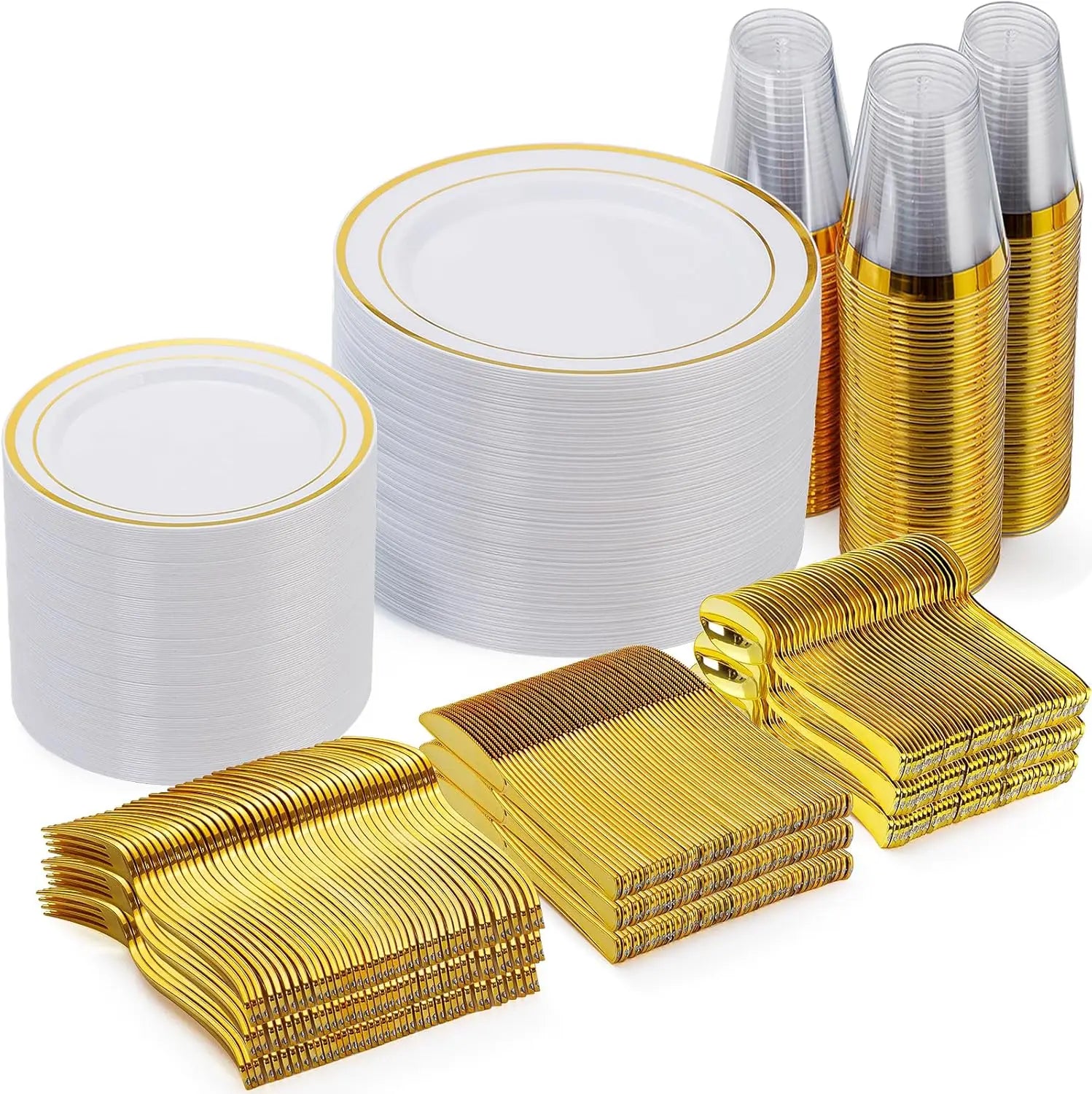 700 Piece Gold Dinnerware Set for 100 Guests, Disposable for Party, Include: 100 Gold Rim Dinner Plates, 100 Dessert Pl