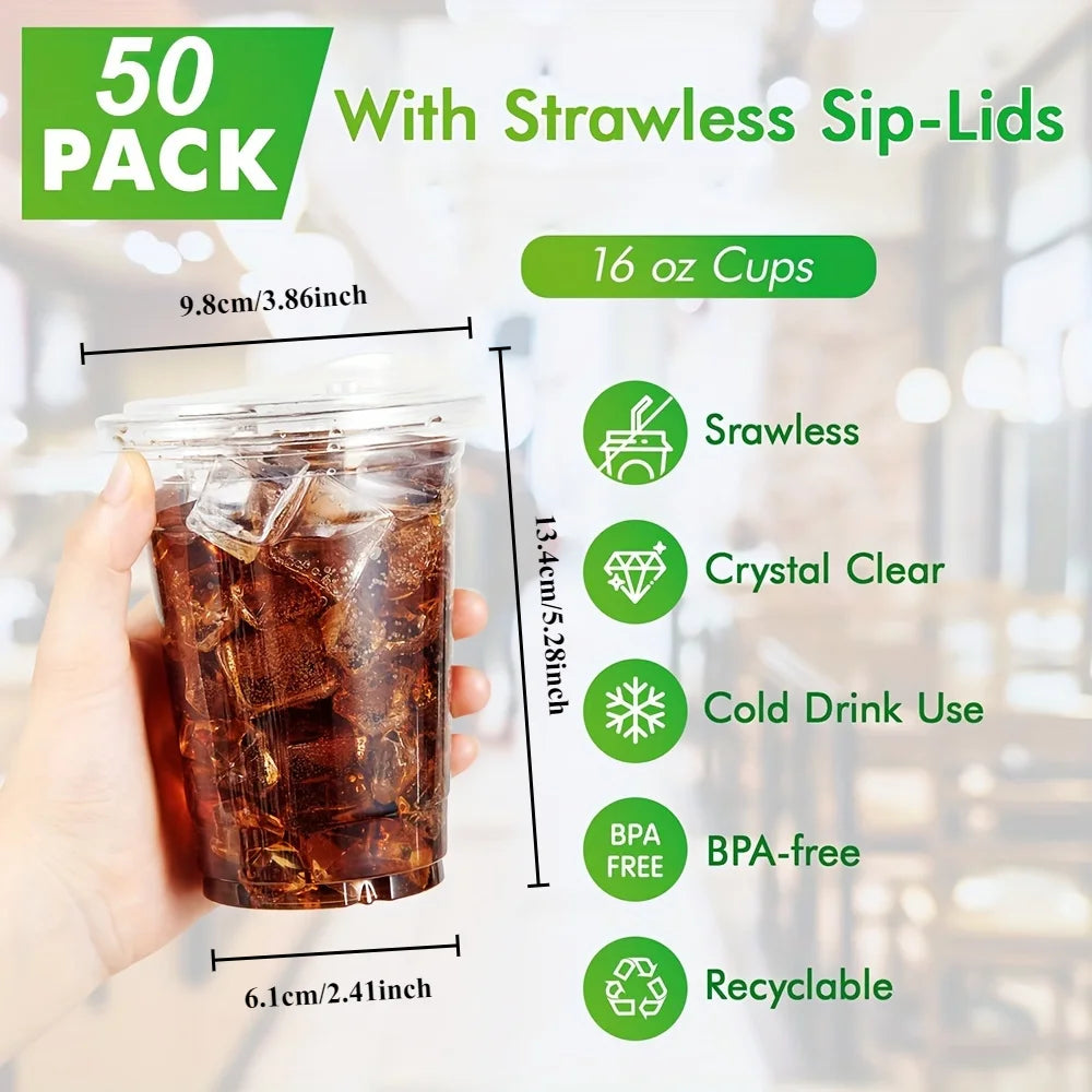 50Set Plastic Drinking Cups with Strawless Sip Lids Disposable Cups for Cold Drinks BPA With Lids Disposable Cups For Iced Coffe