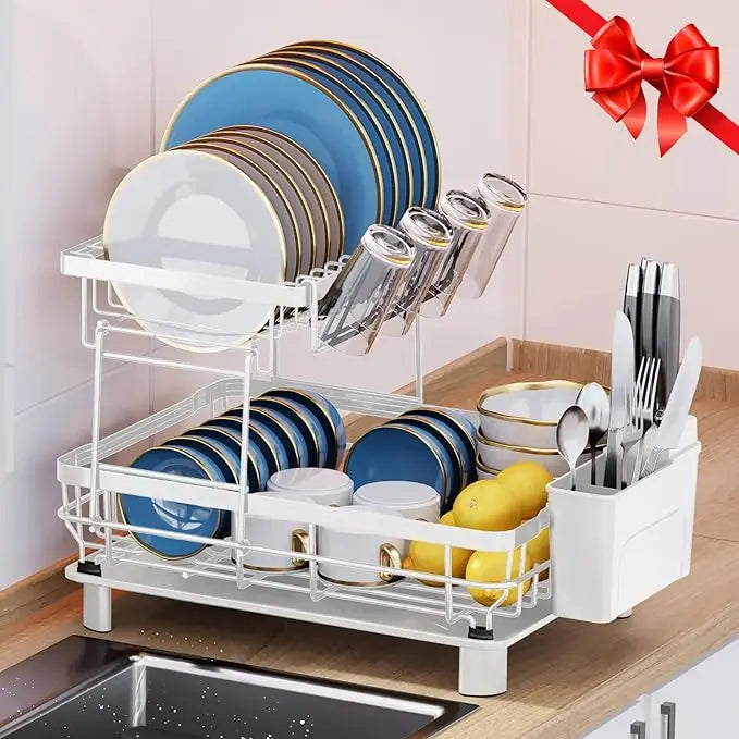 Double-tier automatic draining dish rack, kitchen countertop storage rack, suitable for plates and bowls, kitchen utensils