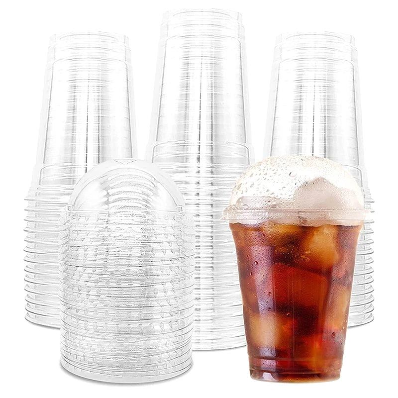 Plastic Disposable Cups with Lid Clear Cold Drink Containers for Fruit Juice Milk Tea Iced Coffee Ice Cream Dessert Party Café