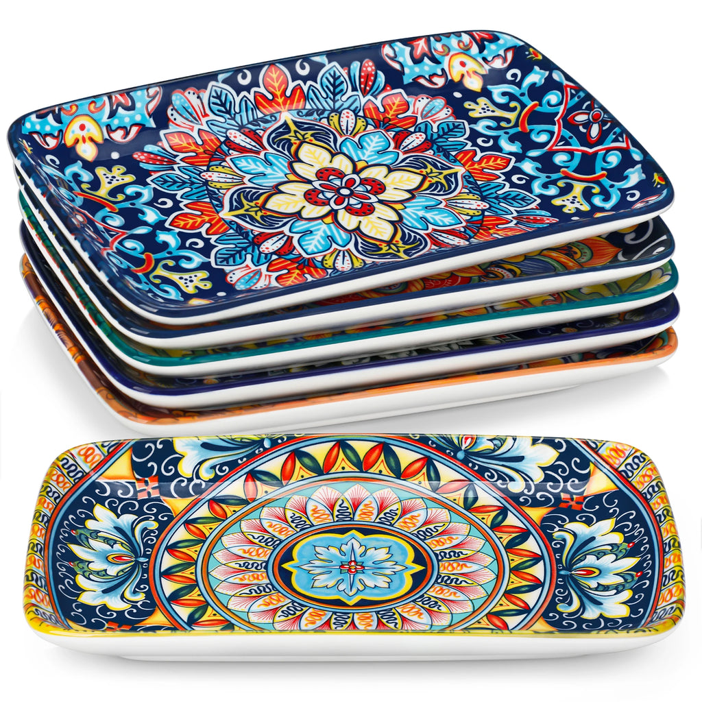 vancasso 6/12 Piece Porcelain Rectangular Serving Plates Bohemian 8.5inch Dinner Plates Set for Beef/Food/Noodles/Pasta 6 People