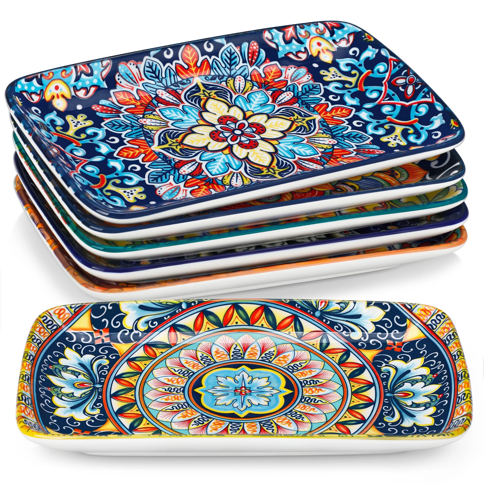 vancasso 6/12 Piece Porcelain Rectangular Serving Plates Bohemian 8.5inch Dinner Plates Set for Beef/Food/Noodles/Pasta 6 People