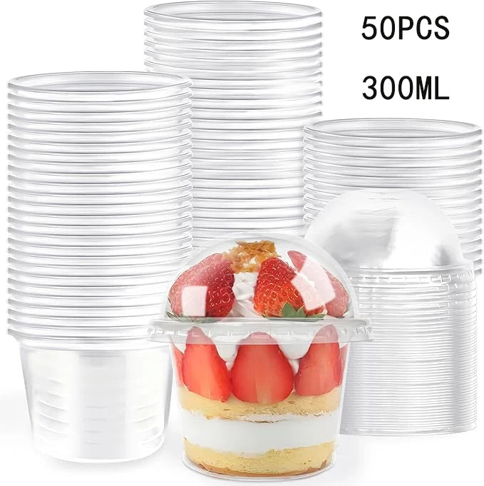 50 disposable transparent plastic cups with dome lids, used for dessert cups and disposable snack bowls