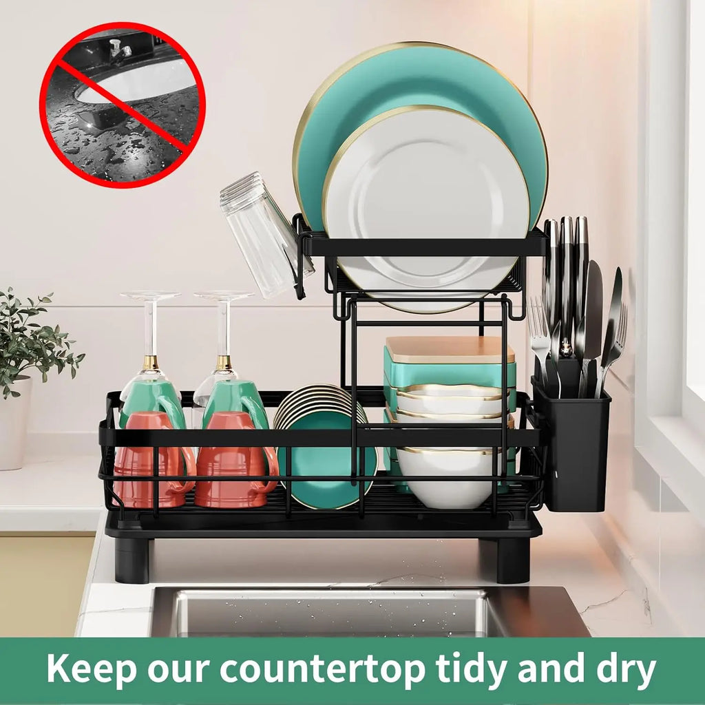 Double-tier automatic draining dish rack, kitchen countertop storage rack, suitable for plates and bowls, kitchen utensils