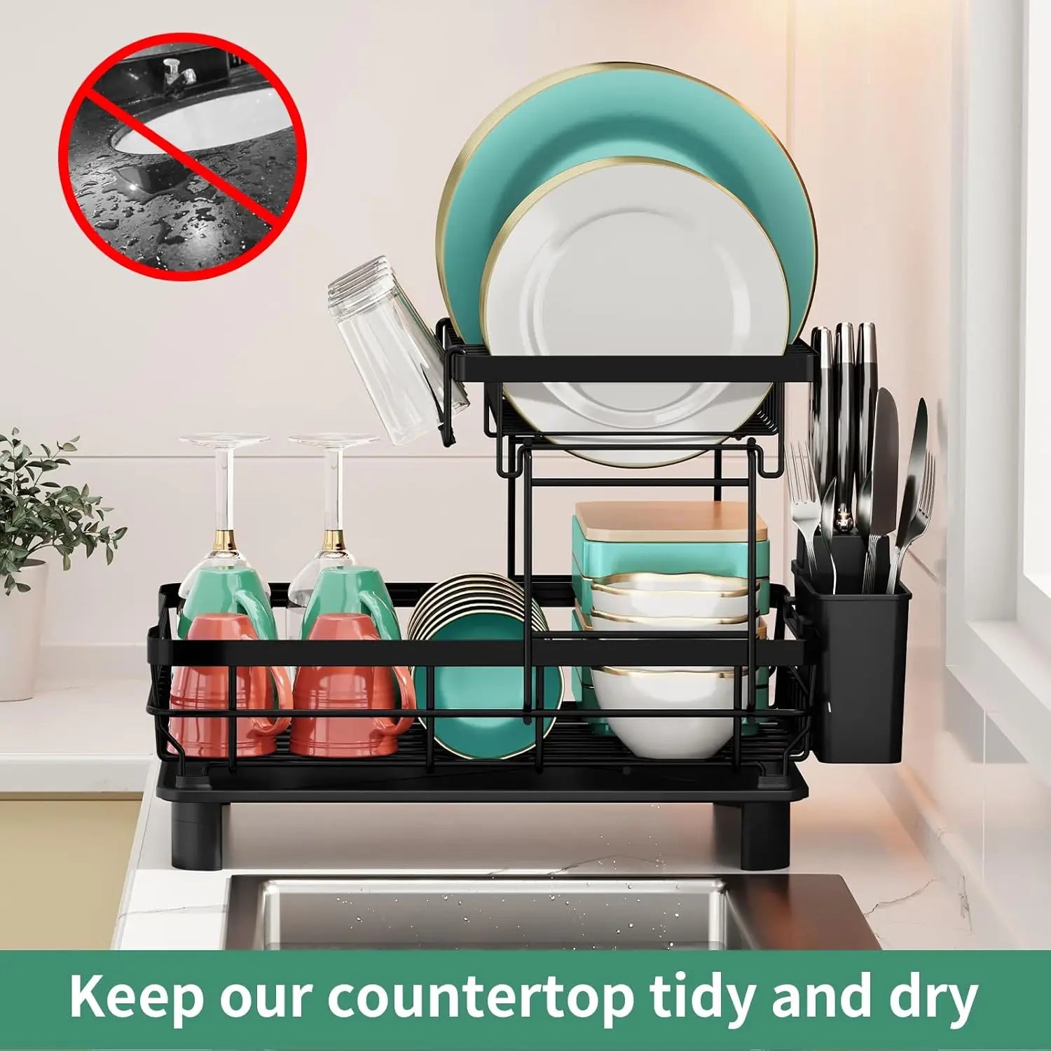 Double-tier automatic draining dish rack, kitchen countertop storage rack, suitable for plates and bowls, kitchen utensils