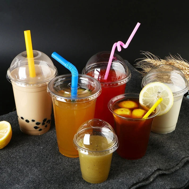 50PCS Disposable Plastic Cups with Lid Takeaway Ice Coffee Cold Drink Water Cups Takeout Transparent Cups for Shop Picnic Party