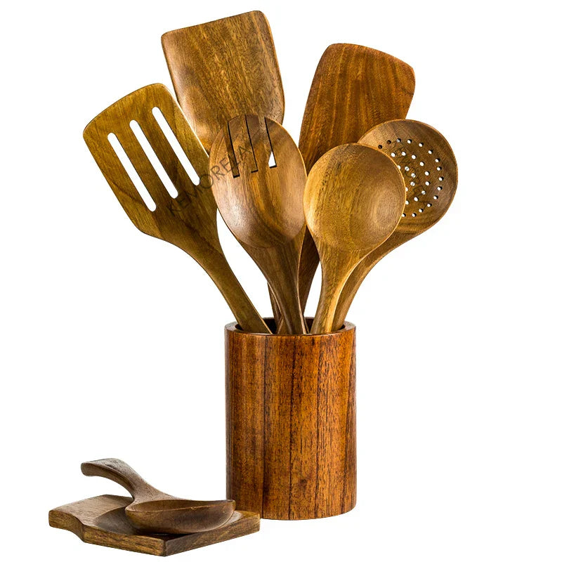 DecorBites 9-Piece Teak Wooden Cooking Utensils Set with Holder