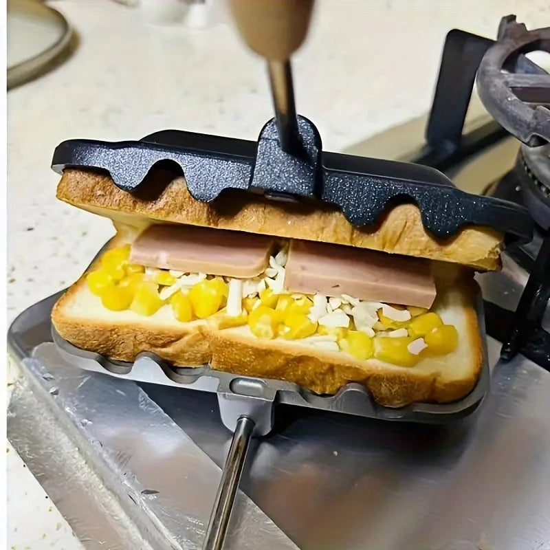 長方形両面サンドイッチ焼き器、ツートンカラー、アルミ合金、焦げ付き防止、ガスコンロ用トースター、キッチン調理器具