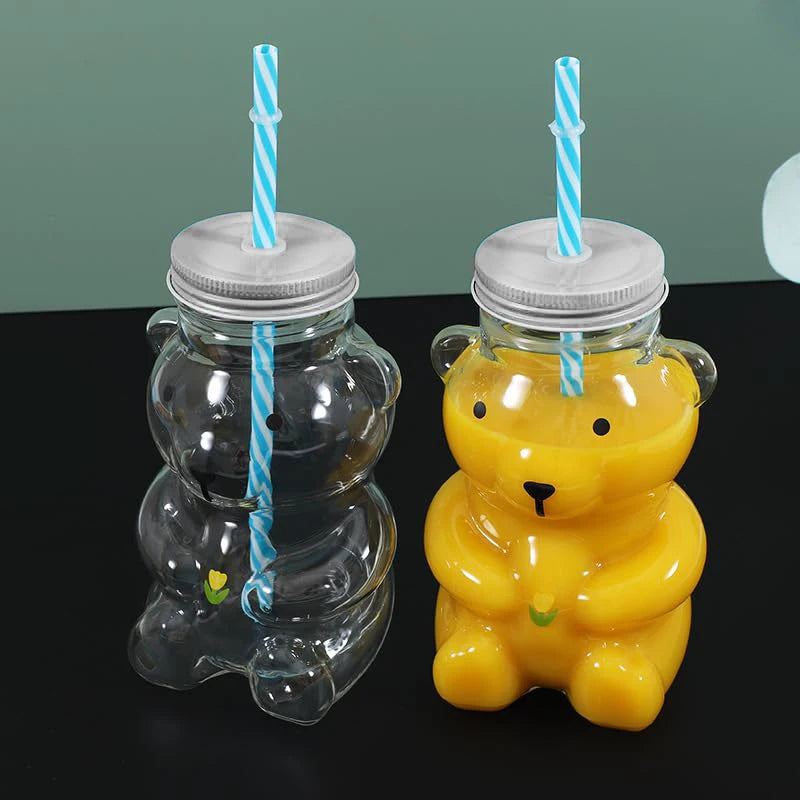 Plastic Bear Cup, Adorable Honeybear Mugs with Straws, Lidded Cups for Drinks