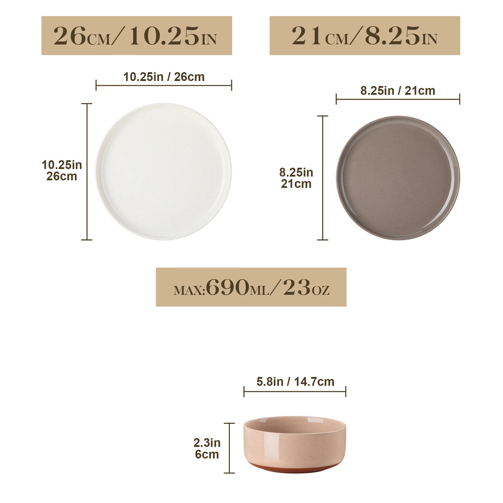 MALACASA TARA 12/24ピース食器セット 曲線エッジ ごま釉せっ器プレートセット ディナープレート/デザート/ボウル 各4/6個
