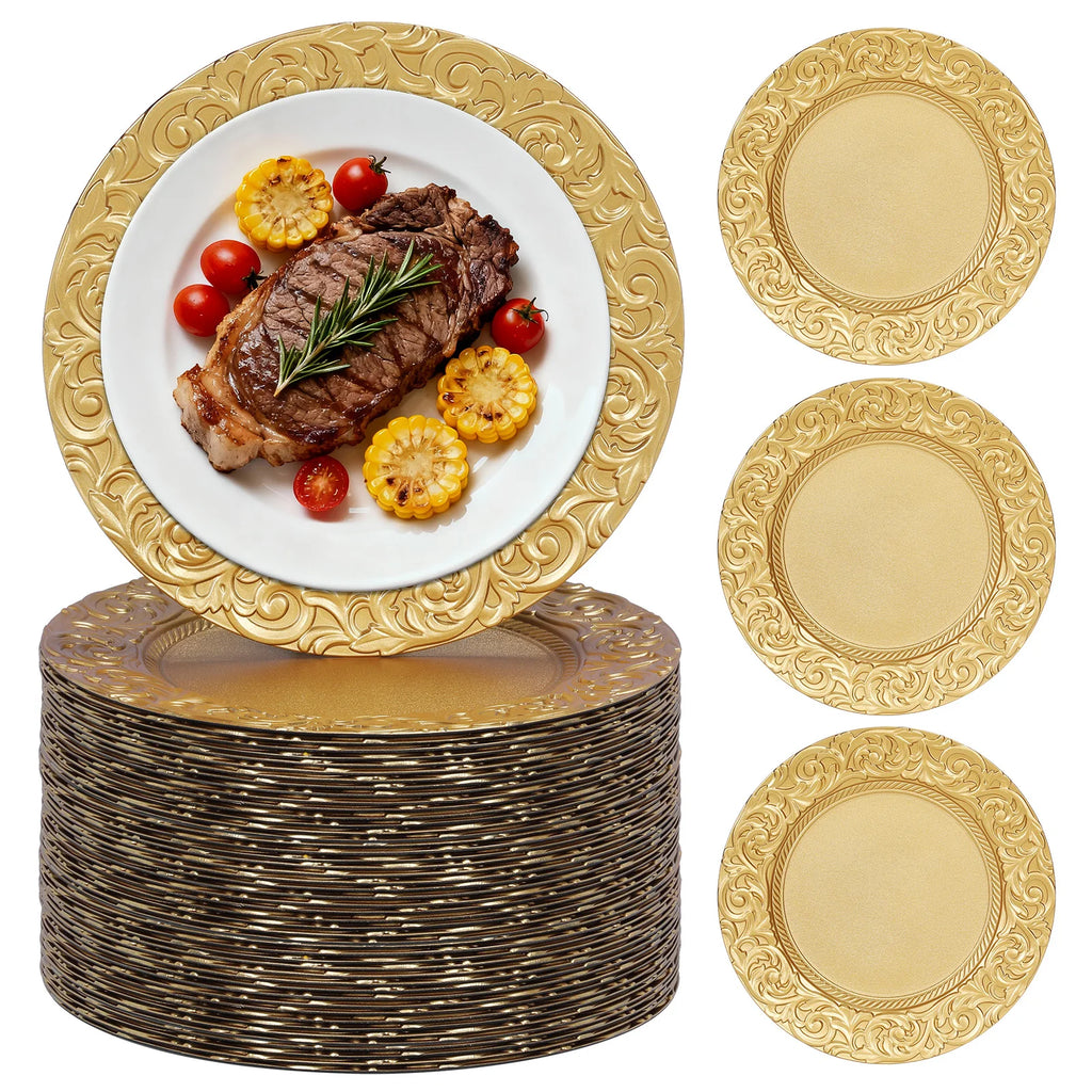 100 Pcs 13in Antique Charger Plates Bulk Plastic Decorative Service Plate with Embossed Rim for Dinner Wedding Party Event Table