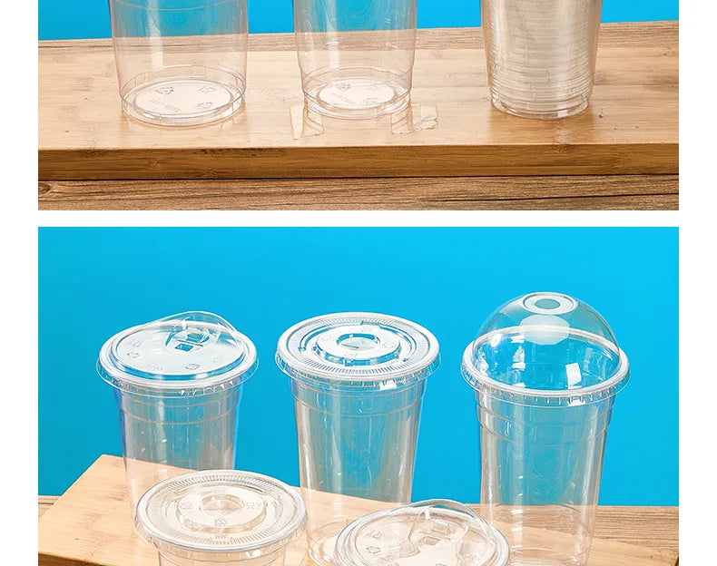 50PCS Disposable Plastic Cups with Lid Takeaway Ice Coffee Cold Drink Water Cups Takeout Transparent Cups for Shop Picnic Party