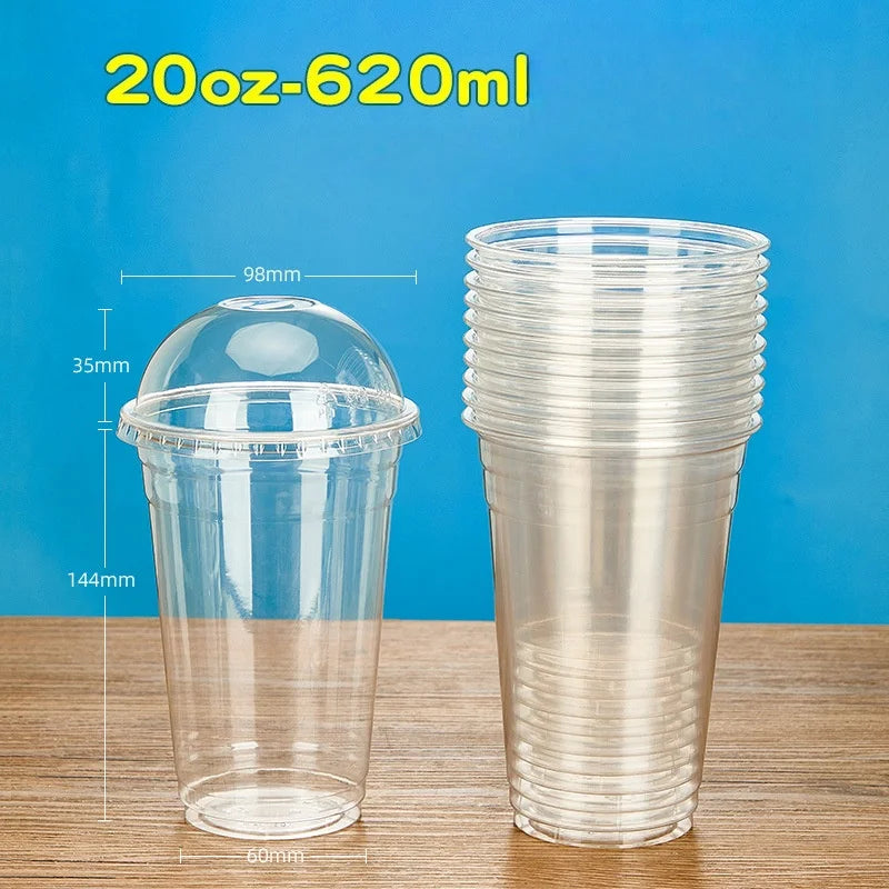 50PCS Disposable Plastic Cups with Lid Takeaway Ice Coffee Cold Drink Water Cups Takeout Transparent Cups for Shop Picnic Party