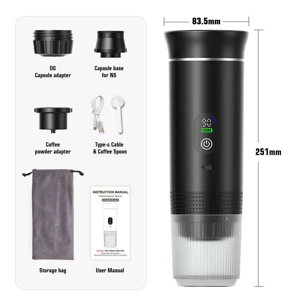 Kabellose elektrische tragbare Espresso-Kaffeemaschine für Auto & Zuhause, Camping-Kaffeemaschine, 3-in-1 Kapsel-Pulver-Reisekaffeemaschine