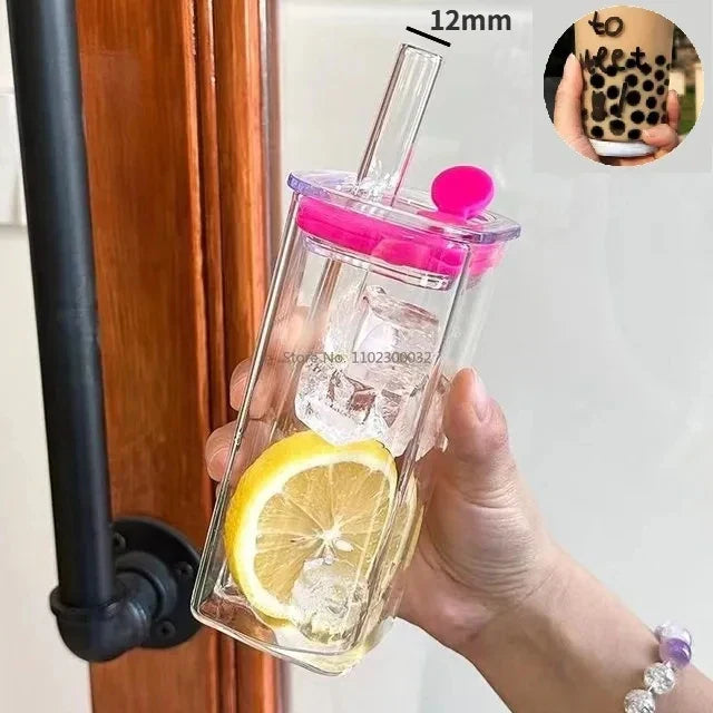 DecorBites 350ml Square Mug with Lid & Straw – Colored Handle Glass