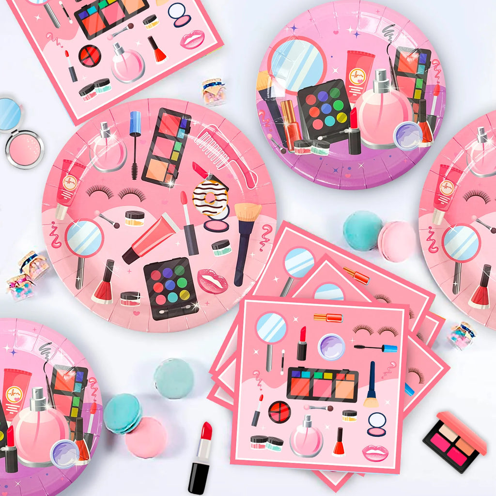 Make-up Birthday Party Supplies,103pcs Spa Party Decorations-Makeup Plates Banner Balloon etc Makeup Birthday Party Decorations