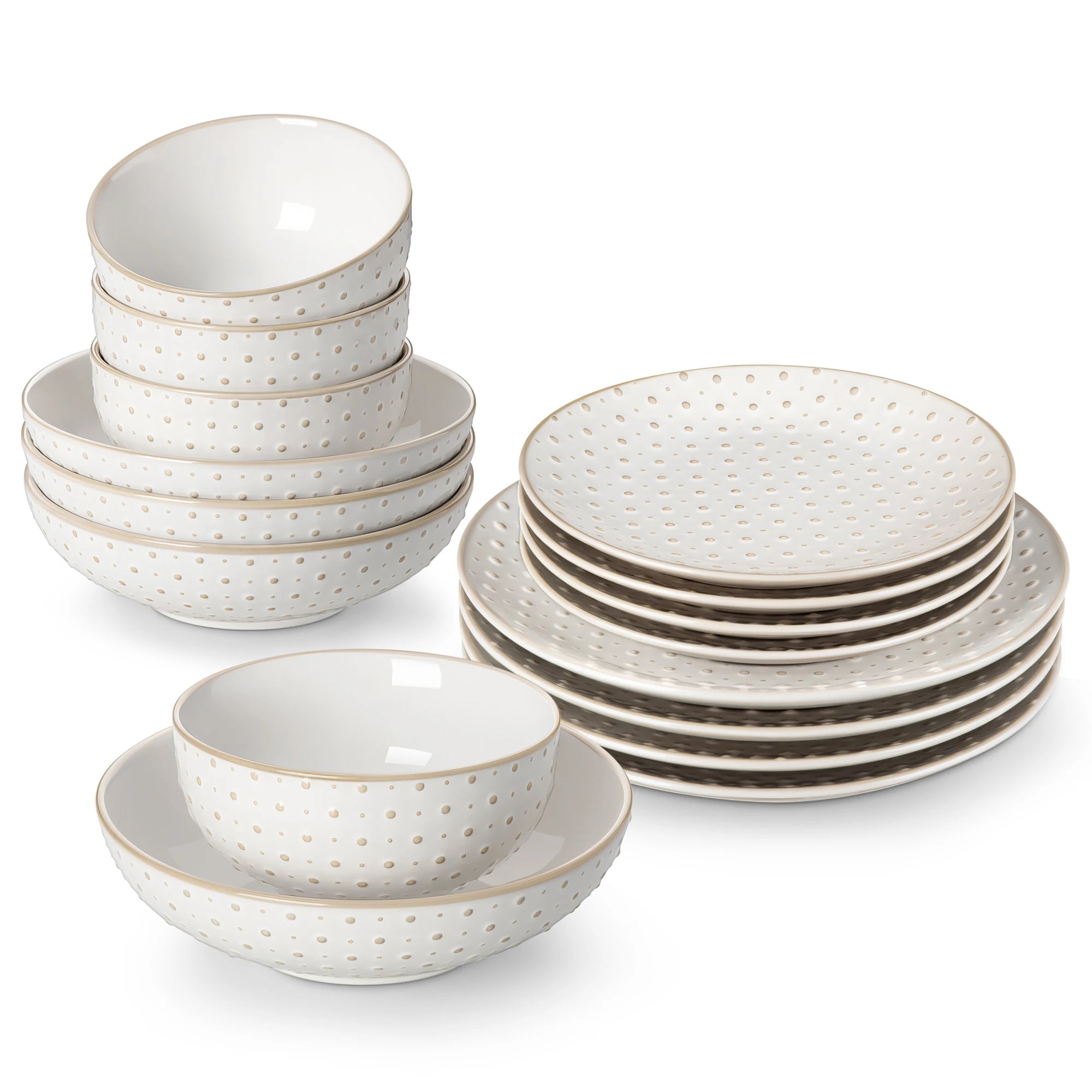 MALACASA LYDIA 16/32-teiliges Steingut-Tellerservice Weiß Prägung Geschirrset mit 6 Speisetellern/Desserttellern/Schalen/Suppentellern