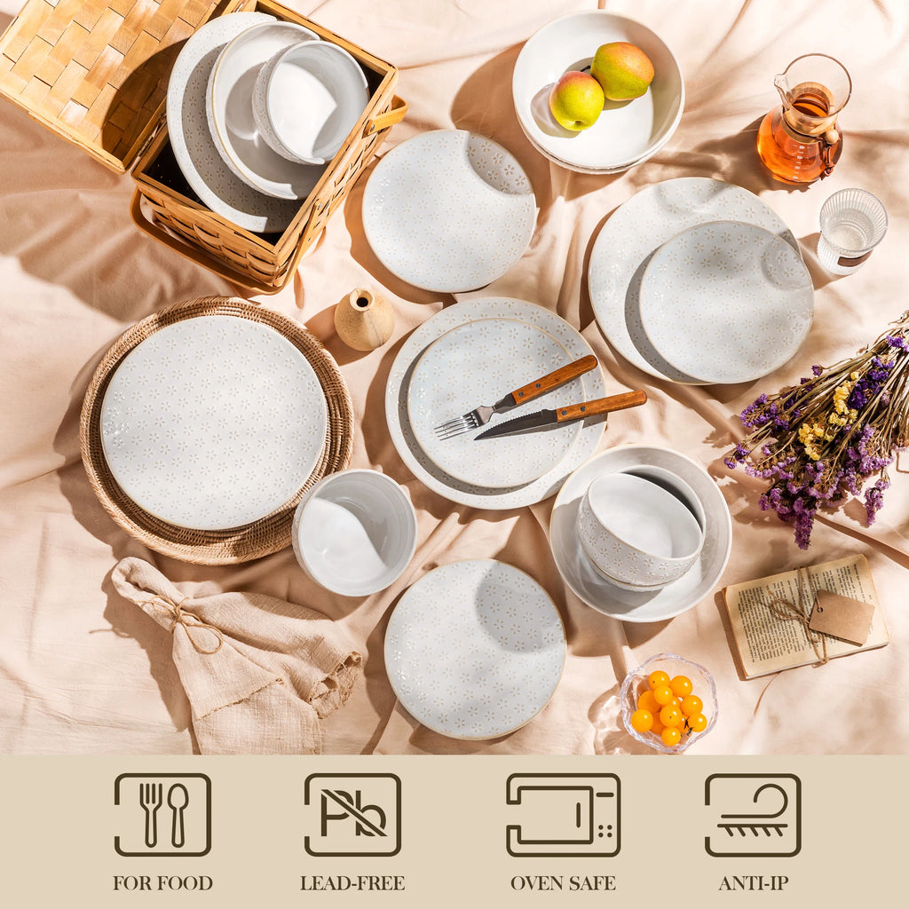 MALACASA LYDIA 16/32 Piece Stoneware Plates Dinner Set White Embossment Dinnerware Set with 6pcs Dinner plate/Dessert/Bowl/Soup