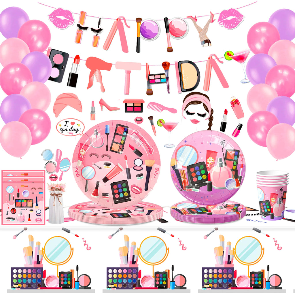 Make-up Birthday Party Supplies,103pcs Spa Party Decorations-Makeup Plates Banner Balloon etc Makeup Birthday Party Decorations