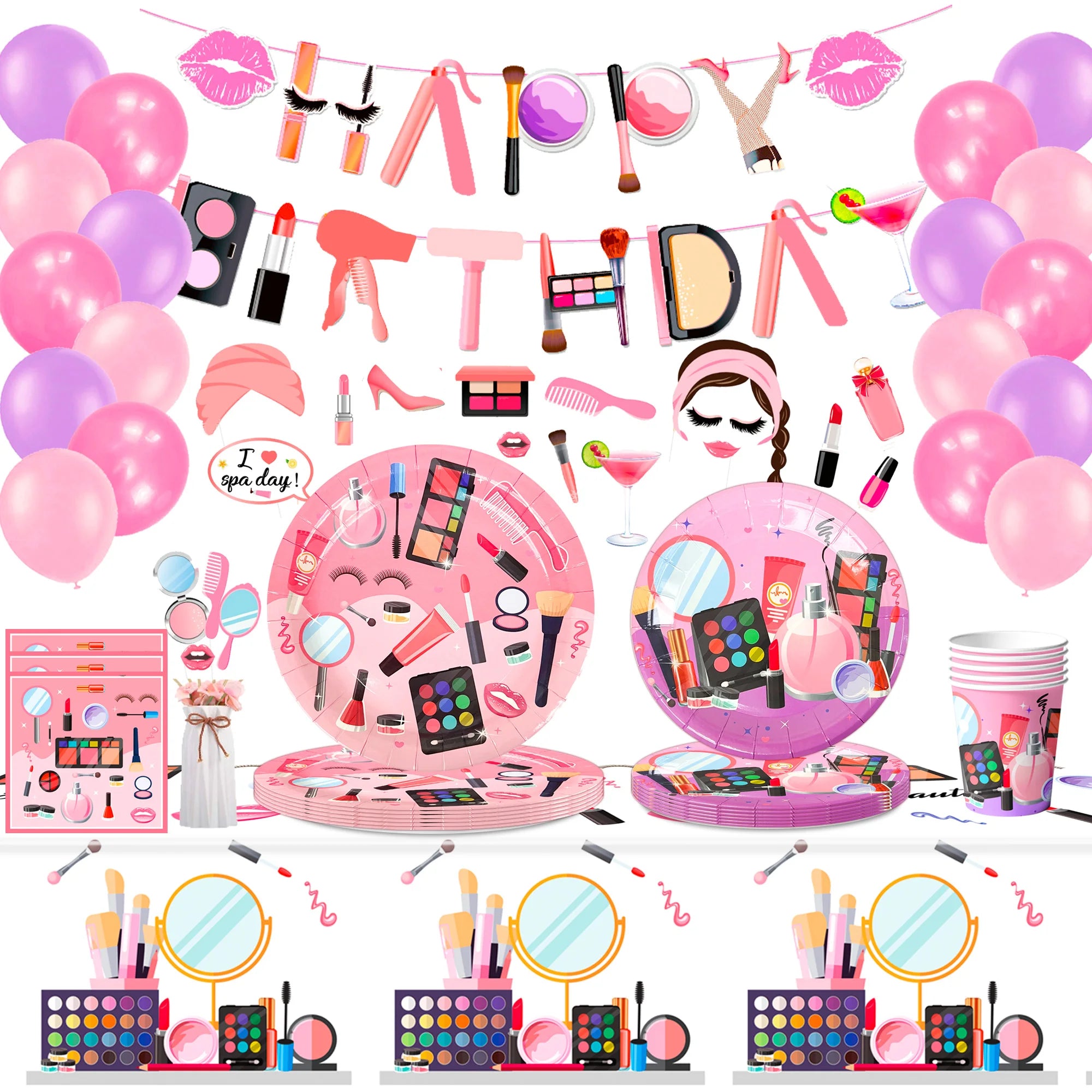 Make-up Birthday Party Supplies,103pcs Spa Party Decorations-Makeup Plates Banner Balloon etc Makeup Birthday Party Decorations