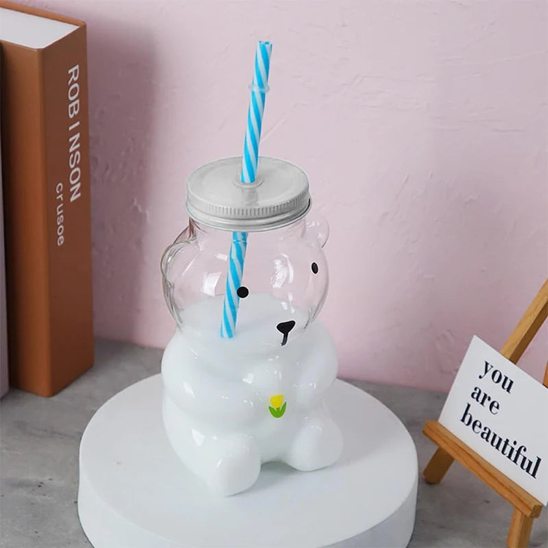 Plastic Bear Cup, Adorable Honeybear Mugs with Straws, Lidded Cups for Drinks