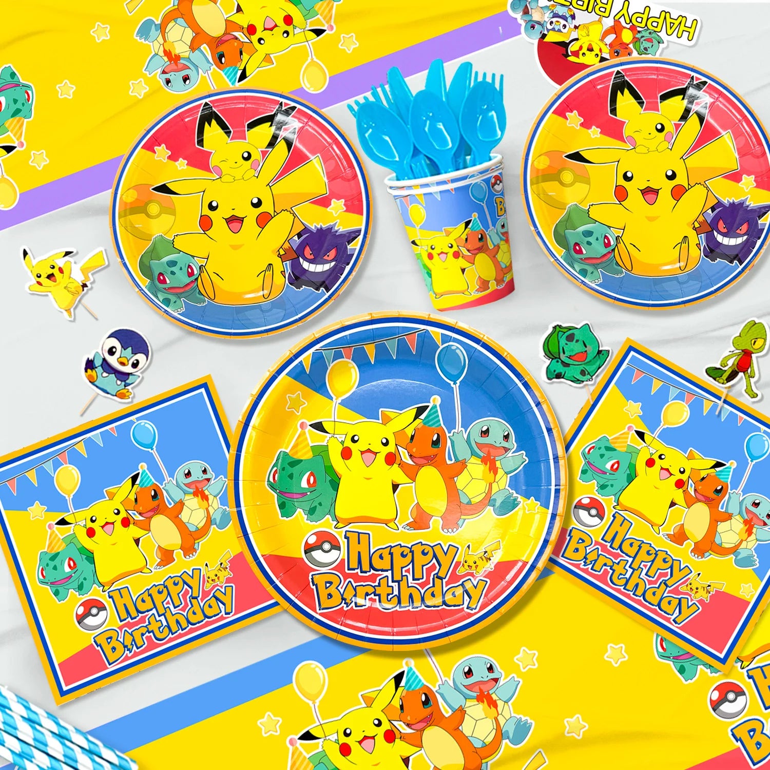 Pikachu Party Decorations,136pcs Pokemon Birthday Party Supplies-Banner Balloons Plates Napkins etc Pokemon Birthday Decorations