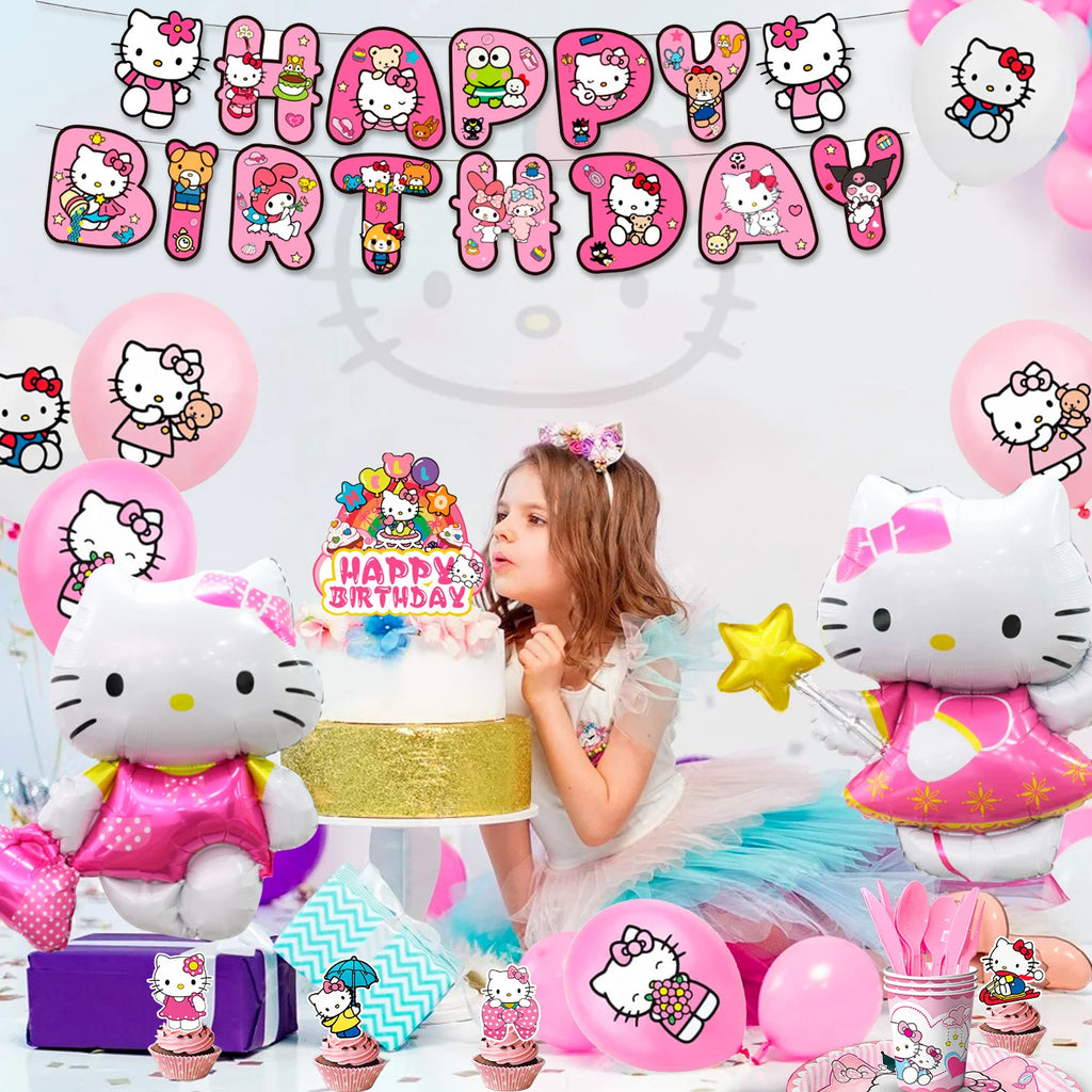 124 Pcs Sanrio Hello Kitty Party Decorations&Tableware-Kitty Plates Backdrop Balloon Banner etc Hello Kitty Birthday Decorations