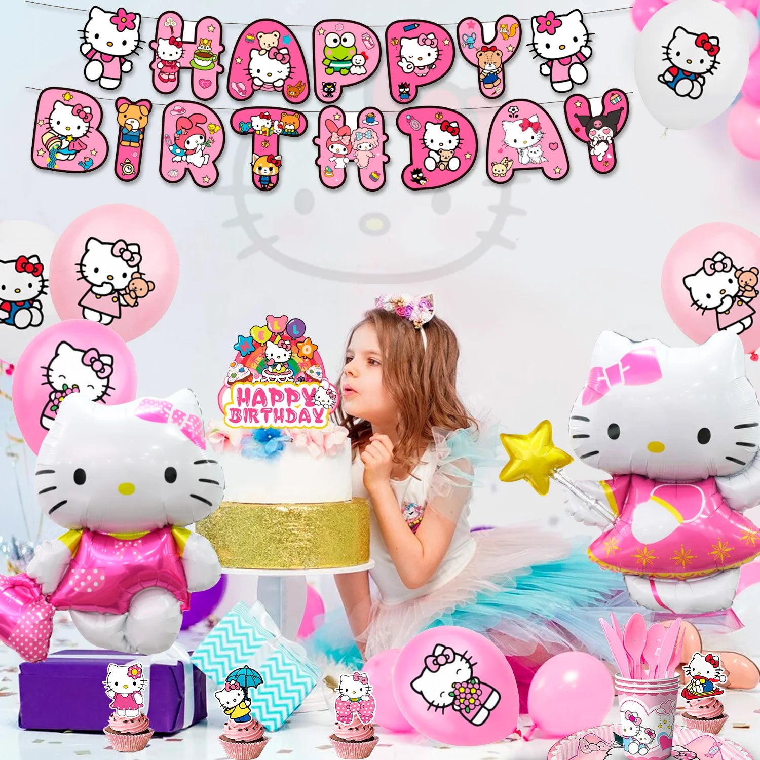 124 Pcs Sanrio Hello Kitty Party Decorations&Tableware-Kitty Plates Backdrop Balloon Banner etc Hello Kitty Birthday Decorations