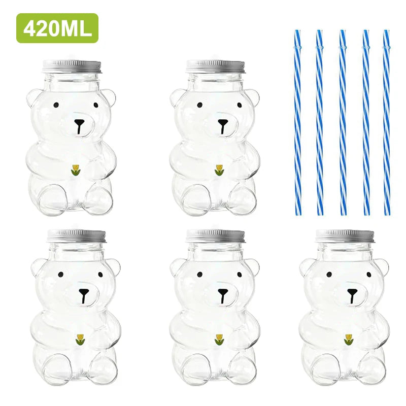 Plastic Bear Cup, Adorable Honeybear Mugs with Straws, Lidded Cups for Drinks