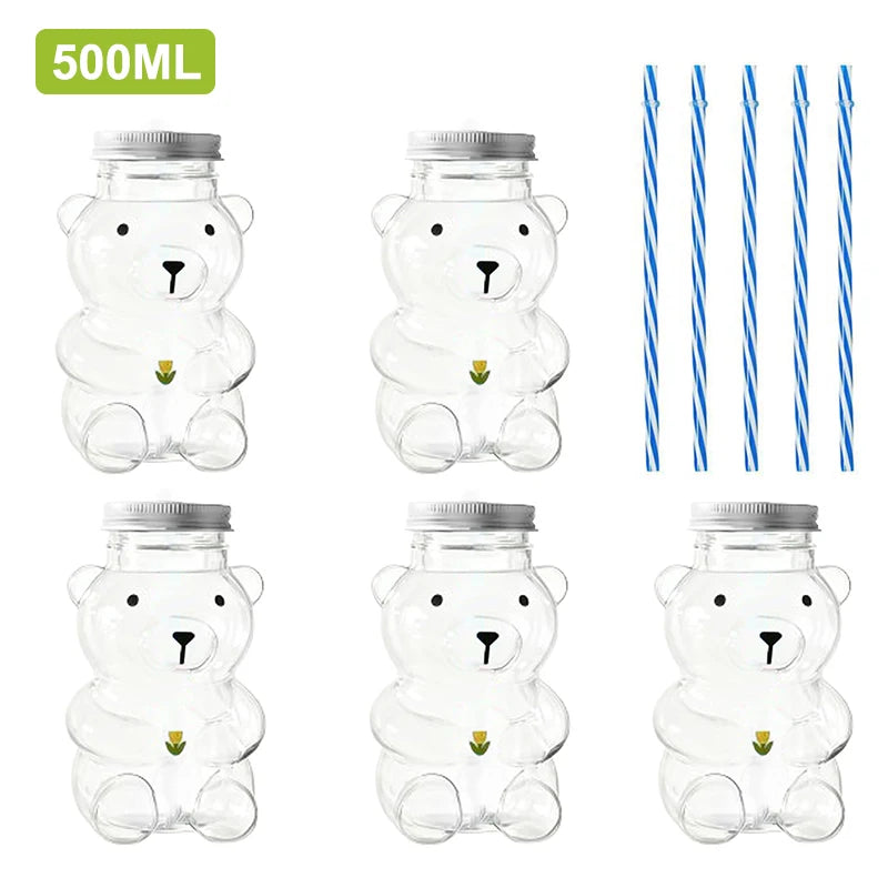 Plastic Bear Cup, Adorable Honeybear Mugs with Straws, Lidded Cups for Drinks