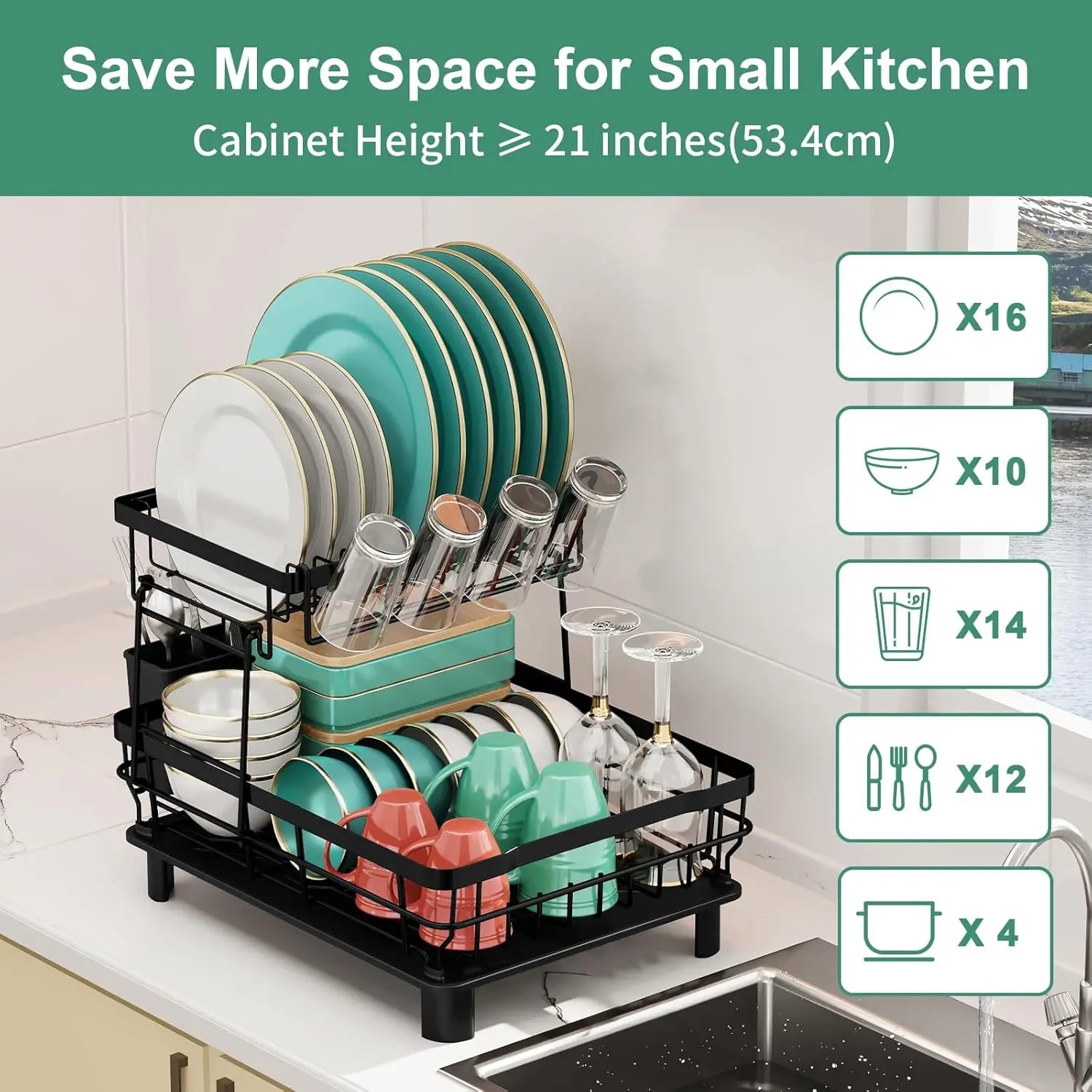 Double-tier automatic draining dish rack, kitchen countertop storage rack, suitable for plates and bowls, kitchen utensils