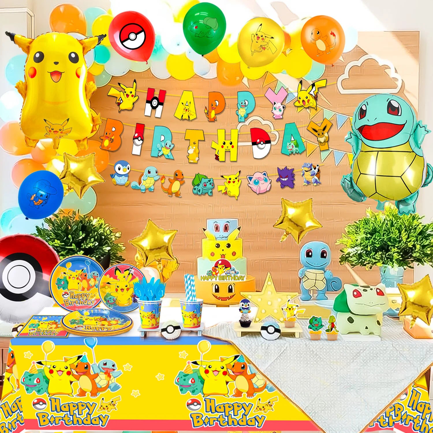Pikachu Party Decorations,136pcs Pokemon Birthday Party Supplies-Banner Balloons Plates Napkins etc Pokemon Birthday Decorations