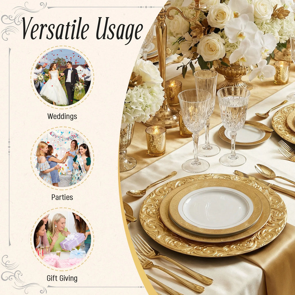 100 Pcs 13in Antique Charger Plates Bulk Plastic Decorative Service Plate with Embossed Rim for Dinner Wedding Party Event Table