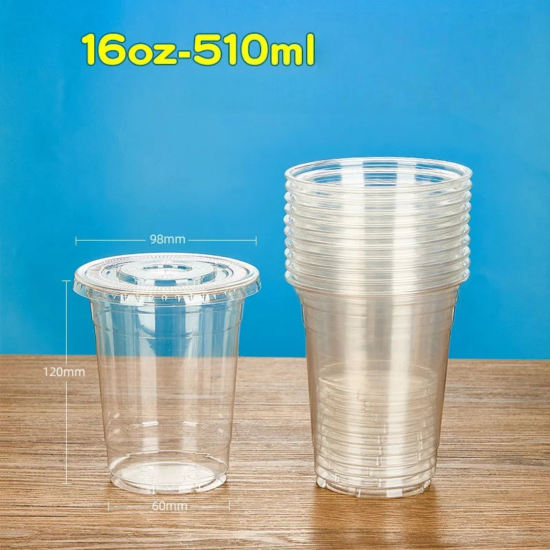50PCS Disposable Plastic Cups with Lid Takeaway Ice Coffee Cold Drink Water Cups Takeout Transparent Cups for Shop Picnic Party