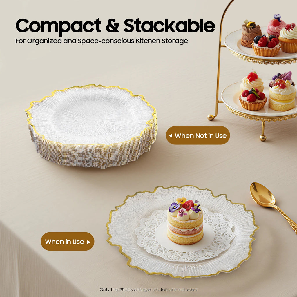 Serving Charger Plates 25 Pack Gold Rim Transparent Plastic 32cm for Wedding Birthday Holiday Party Dessert Display Easy Clean