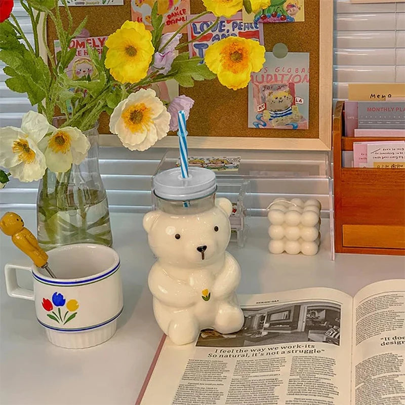 Plastic Bear Cup, Adorable Honeybear Mugs with Straws, Lidded Cups for Drinks